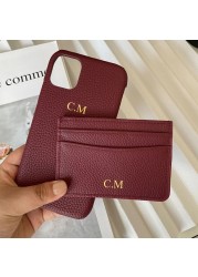 New Custom Gift Set Genuine Pebbled Leather Mobile Phone Case for 12 13 Pro Max Matched Circle/Heart Key Chain Card Holder