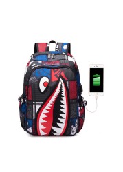 Fashion trend lightweight shark boy student backpack computer USB charging simple printing personality junior high school bag