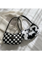 Women Soft Plush Shoulder Bags Cow Print Bags 2021 Winter Quilted Plaid Small Handbag Female Warm Faux Fur Fluffy Tote Bags