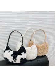 Women Soft Plush Shoulder Bags Cow Print Hobo Bags Female 2021 New Autumn Winter Small Handbag Travel Warm Fluffy Tote Bags