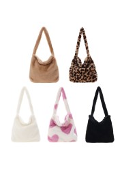 Love Heart Print Bags for Women 2021 Soft Plush Shoulder Bags Female Leopard Pattern Handbag Winter Warm Fluffy Bucket Bags