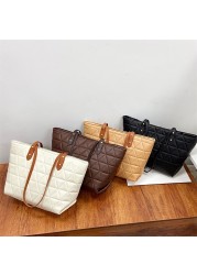 Women Exquisite PU Leather Embroidery Thread Tote Bag Designer Diamond Lattice Top Handle Bag Large Capacity Handbags