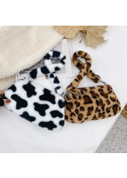 Fashion Women Cow Print Small Shoulder Bags Female Winter Plush Underarm Bags Leopard Zebra Pattern Fluffy Tote Bags Small Purses