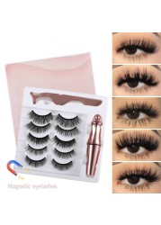 5 Pairs 3D Mink Magnetic False Eyelashes Waterproof Liquid Eyeliner Tweezers Long Lasting Makeup Tool