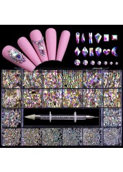 Luxury Box Shiny Diamond Nail Art Rhinestone Crystal Glass Set Decorations Set 1pcs Pick up Pen in Grids Box 21 Shapes of 2500pcs