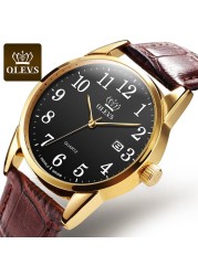 OLEVS Men's Quartz Watch Top Brand Fashion Casual Luxury Dress Genuine Brown Leather Strap Men's Watches Waterproof Wristwatch