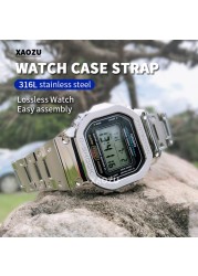 XAOZU 316L Stainless Steel Watchband Bezel/Case DW5600 G5600E GW5000Metal Strap Watch Band GW5000 DW5035 With Tools For Silver