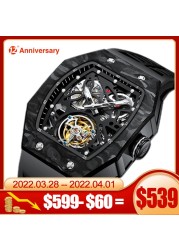 Aesop trending square flying tourbillon watch carbon fiber bezel mechanical men watches top quality red skeleton male watch