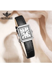 OUPINKE Luxury Brand Quartz Fashion Wrist Watch Casual Square Watch for Women Sapphire Leather Strap Dress Watch Ladies Gifts