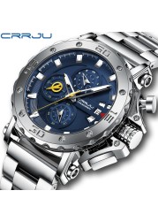 CRRJU Men Watch Luxury Brand Big Dial Stainless Steel Waterproof Chronograph Wrist Watches With Date Relogio Masculino