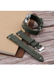 Onthelevel Handmade Dark Green Suede Leather Watch Strap Bands 18mm 20mm 22mm Stainless Steel Buckle With White Black Stitching