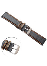 New 18mm 20mm 21mm 22mm 23mm durable orange stitching carbon fiber man black genuine leather with silver buckle watchband strap