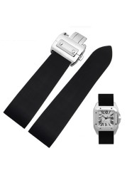 25mm Rubber Watchband Waterproof Fits Santos 100 W2020007 Silicone Strap Silver Gold Folding Buckle Black Bracelet