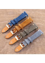 Vintage Suede Leather Watch Band 20mm 22mm Blue Brown Watch Strap Replacement Wristband Handmade Stitching Watchband