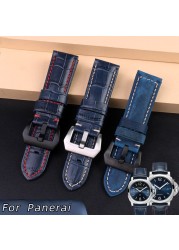 For Panerai1085/1313/111 Leather Watch Strap 22mm 24mm Blue Mens Crocodile Grain Watch Band Sandy Grinding Cowhide Accessories