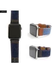 URVOI Band for Apple Watch Series 7 654321SE Jean Band with Genuine Leather Strap for iWatch Denim Design Canvas Wrist