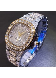 MISSFOX Watches for Men Luxury Hip Hop Iced Out Watches Automatic Date Gold Rhinestone Crystal Waterproof Quartz Male Wristwatch