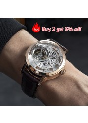 Rectangle Casual Watches Mens Skeleton Dial Calfskin Leather Band Rose Gold Watches Automatic Mens Watches Montre Homme VM
