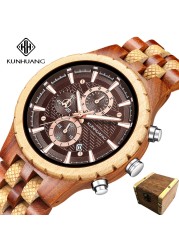 Kunhuang Business Men's Watch Wooden Stopwatch Date Display Chronograph Quartz Wrist Watches relogio masculino