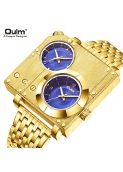 New Arrive Oulm Golden Luxury Brand Man Watch Stainless Steel Big Size Quartz Clock Two Time Zone Military Men Wristwatch