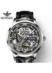 Top Brand OUPINKE Luxury Automatic Mechanical Watch for Men Sapphire Mirror Skeleton Hollow Leather Waterproof Wristwatch Clock