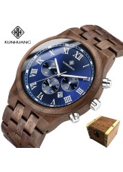 Kunhuang Wooden Men Watches Relogio Masculino Luxury Brand Stylish Chronograph Military Watch Great Gift for Man OEM