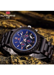 Kunhuang Luxury Brand Men's Watch Wooden Multifunctional Raw Quartz Watch High Strength Ebony Glass Case relógio masculino