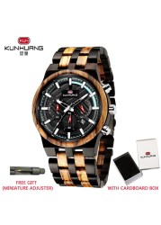 Kunhuang New Wooden Watch Men Luxury Chronograph Ebony Quartz Watch Blue Dial Metal Glass Mirror Wooden Box