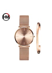 Women Watch 1 Set Bracelet Japan Quartz Simple Movement Waterproof Rose Gold Stainless Steel Mesh Ladies Watch relogio feminino