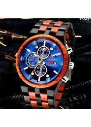 Reloj hombre KUNHUANG New Wooden Watch Men Luxury Brand Chronograph Military Quartz Watches for Man Dropshipping Customized