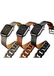 Leather Strap for Apple Watch Band 7 45mm 41mm Double Loop Circle Bracelet Wristband for iWatch 7 6 5 4 3 SE 44mm 42mm 40mm 38mm