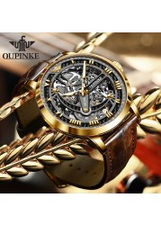 Top Brand OUPINKE Luxury Men's Mechanical Wristwatch Automatic Watch Men Classic Skeleton Leather Sapphire Waterproof