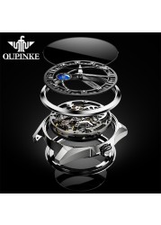 OUPINKE New Men's Automatic Mechanical Watch Skeleton Design 50M Waterproof Sapphire Mirror Leather Strap Male Watches