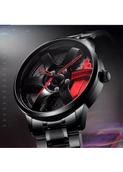 3D Spinning Unique Model Rim Watch Hub Custom Design Sports Car Frame Watch Waterproof Creative Men's Watch Wheel Wristwatch Clock