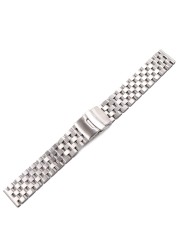 Rolamy 22mm Top Quality Silver Solid Links Replacement Watch Band Strap Bracelet Double Push Clasp for Seiko