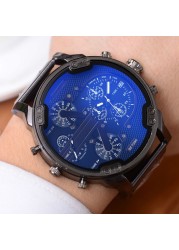 Sports Blue Big Dial Men's Watch Double Machine 7395 Cool Blue Steel Belt Quartz Watches Male Clock Locomotive Relogio Masculino