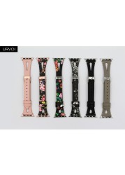 URVOI Leather Band for Apple Watch Series 7 6 SE 5 4 3 Strap for iwatch 41 45mm T Hole Flowers Printed Wrist Women Band