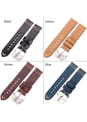 Genuine Leather Watch Band Strap with Metal Skull Buckle 20mm 22mm 24mm Brown Yellow Blue Watchband Women Men Cowhide Strap