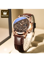 OLEVS Luxury Watch Men's Multifunctional Quartz Watch Business Style Leather Strap Waterproof Mens Calendar Chronograph Watch