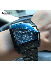 MEGIR Full Black Watches Men Luxury Chronograph Quartz Watch for Man Square Dial Luminous Wristwatch Relogios Relogios Reloj