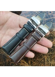 Soft Antique Watch Strap for Men and Women, Dark Brown, Genuine Leather, Metal, Butterfly Deployment Buckle, 18-24mm