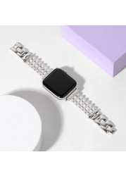 Pearl Metal Diamond Strap for Apple Watch 7 45mm 41mm Ladies High-end Bracelet Wristband for iwatch 7 6 5 4 3 SE 44mm 42mm 40mm