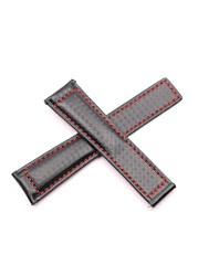 CARLYWET 20 22mm Wholesale Black with Red Stitches High Quality Genuine Leather Replacement Watch Band Strap Strap