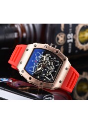 2022 Richard Men's High Quality Diamond Quartz Watch Hollow Glass Back Stainless Steel Case Black Rubber Watch