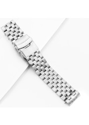 Carliot 22mm Silver Hollow Curved End Solid Links Replacement Watch Band Bracelet Double Push Clasp for Seiko
