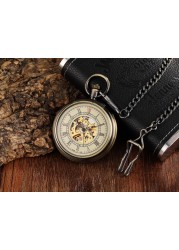 Gold Retro Hand Wind Mechanical Luxury Steampunk Pocket Watch Hollow Watches Roman Numerals Clock With Fob Chain Reloj Hombre