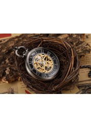 اليد الرياح الميكانيكية الفاخرة ساعة جيب Steampunk الجوف الرجال الساعات الأرقام الرومانية على مدار الساعة مع سلسلة فوب مع صندوق Reloj Hombre