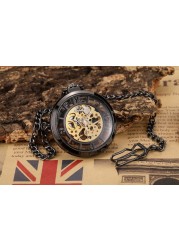 Luxury Black Pocket Watch Vintage Hand Wind Mechanical Steampunk Men Watches Roman Numerals Clock With Fob Chain Reloj Hombre