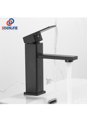 SOGANRE Basin Bathroom Sink Faucet Deck Mounted Hot Cold Water Basin Mixer Taps Matte Black Lavatory Sink Faucet Lever