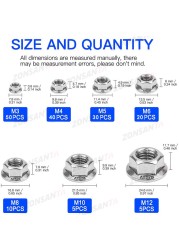 ZONSANTA160pcs Hex Rim Nuts M3 M4 M5 M6 M8 M10 M12 304 Stainless Steel Universal Locknuts Set Assortment Kit DIN6923